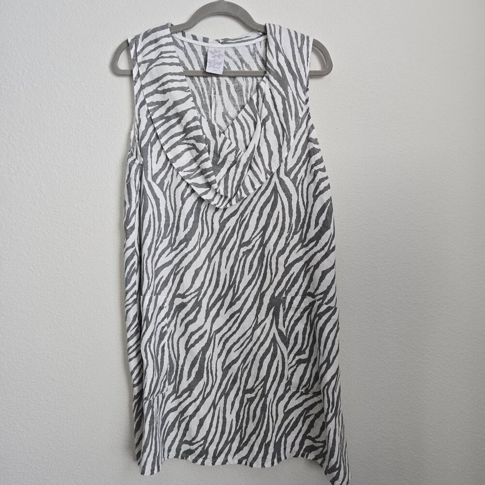 Match Point USA 100% Linen Zebra Striped Relaxed Shift Dress Front Pockets Small